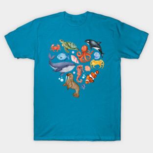 Ocean Wildlife Heart Illustration - Watercolor Mosaic T-Shirt