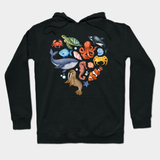 Ocean Wildlife Heart Illustration - Watercolor Mosaic Hoodie