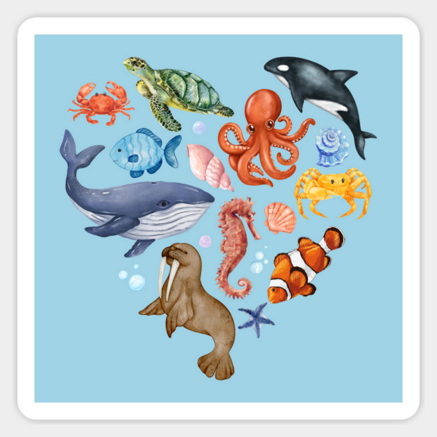Ocean Wildlife Heart Illustration - Watercolor Mosaic Magnet by TuncGK