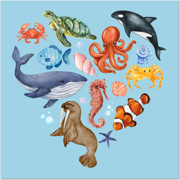 Ocean Wildlife Heart Illustration - Watercolor Mosaic Wall Art by TuncGK