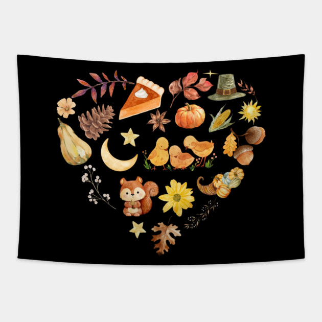 Autumn Harvest Heart Aesthetic - Watercolor Mosaic Tapestry by TuncGK