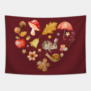 Forest Mosaic - Whimsy Heart with Cute Bunny Tapestry