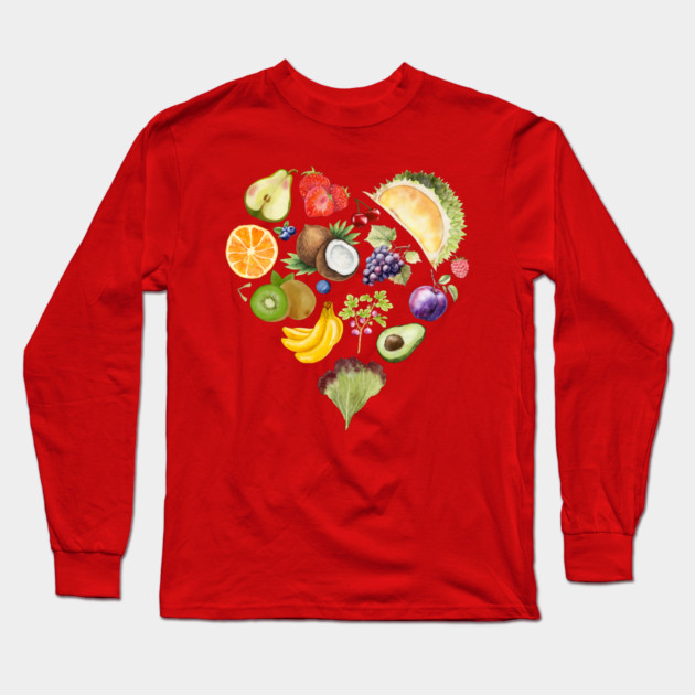 Vibrant Tropical Fruit Heart Illustration - Watercolor Mosaic Long Sleeve T-Shirt by TuncGK