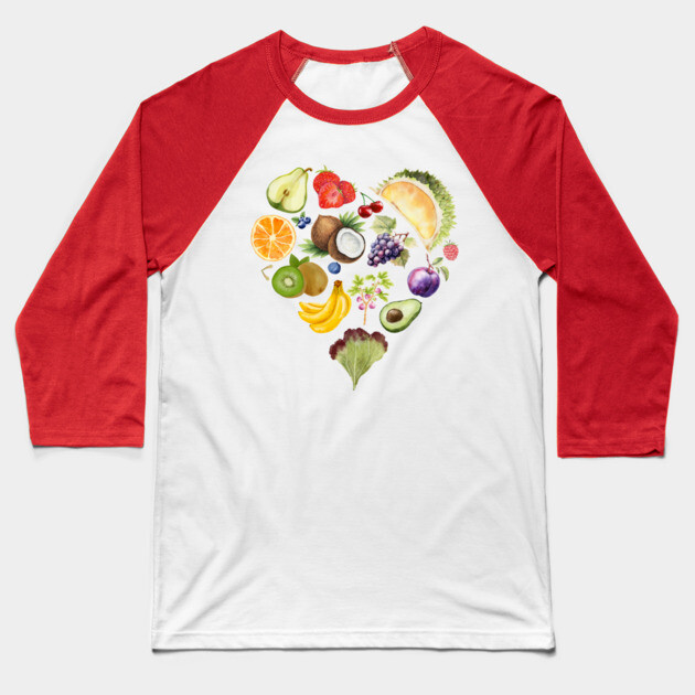 Vibrant Tropical Fruit Heart Illustration - Watercolor Mosaic Baseball T-Shirt by TuncGK