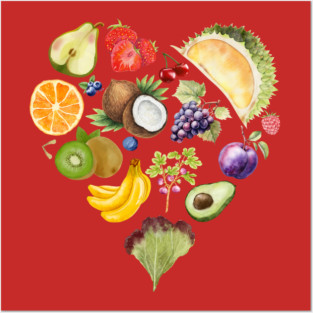 Vibrant Tropical Fruit Heart Illustration - Watercolor Mosaic Posters and Art