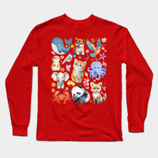 Cute Wildlife Animals | Watercolor Mosaic Long Sleeve T-Shirt