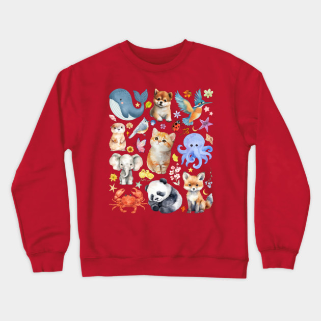 Cute Wildlife Animals | Watercolor Mosaic Crewneck Sweatshirt by TuncGK