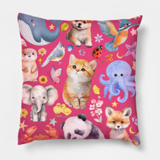 Cute Wildlife Animals | Watercolor Mosaic Pillow