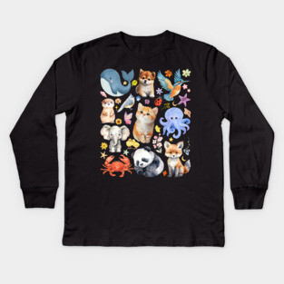 Cute Wildlife Animals | Watercolor Mosaic Kids Long Sleeve T-Shirt