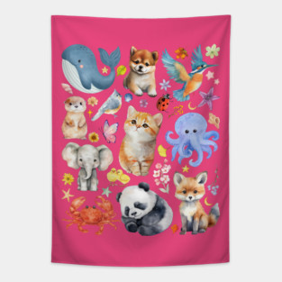 Cute Wildlife Animals | Watercolor Mosaic Tapestry