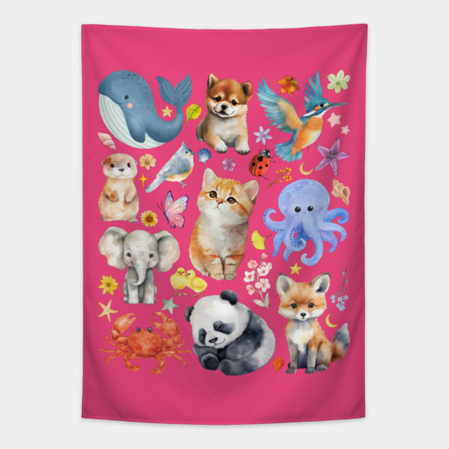 Cute Wildlife Animals | Watercolor Mosaic Tapestry by TuncGK