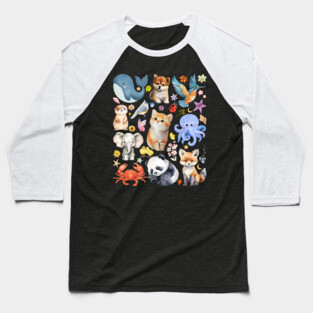 Cute Wildlife Animals | Watercolor Mosaic Baseball T-Shirt