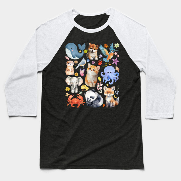 Cute Wildlife Animals | Watercolor Mosaic Baseball T-Shirt by TuncGK