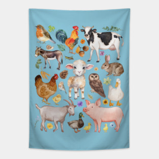 Farm Life Cute Animals - Watercolor Mosaic Tapestry