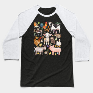 Farm Life Cute Animals - Watercolor Mosaic Baseball T-Shirt