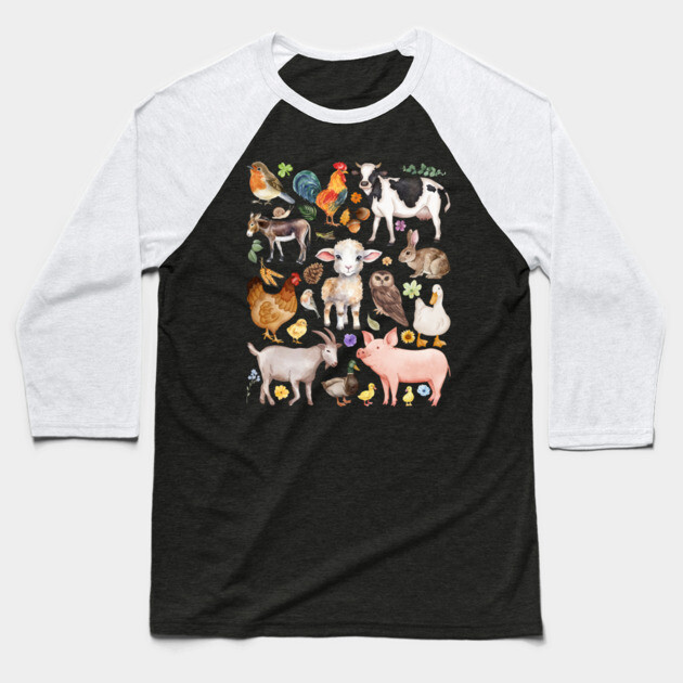Farm Life Cute Animals - Watercolor Mosaic Baseball T-Shirt by TuncGK