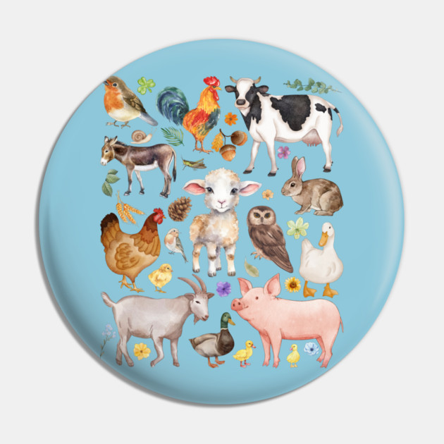 Farm Life Cute Animals - Watercolor Mosaic Pin by TuncGK