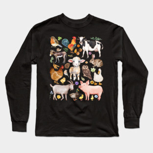 Farm Life Cute Animals - Watercolor Mosaic Long Sleeve T-Shirt