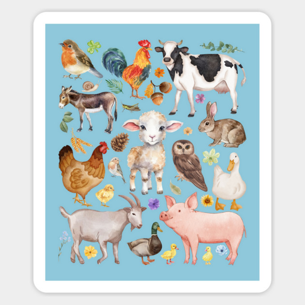 Farm Life Cute Animals - Watercolor Mosaic Magnet by TuncGK