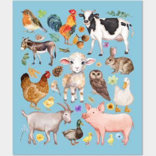 Farm Life Cute Animals - Watercolor Mosaic Posters and Art