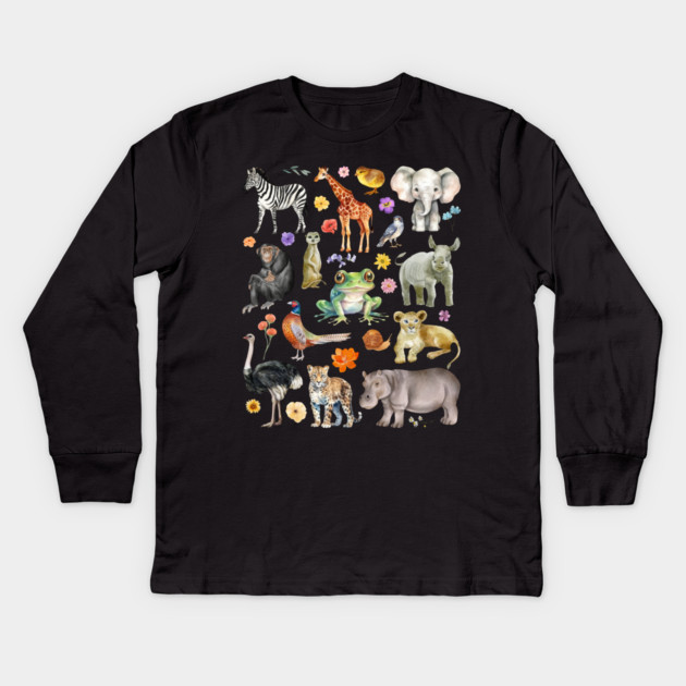 African Safari Animals - Watercolor Mosaic Kids Long Sleeve T-Shirt by TuncGK