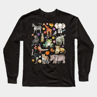 African Safari Animals - Watercolor Mosaic Long Sleeve T-Shirt