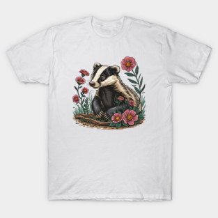 Floral Badger Vintage Woodland Wildlife Art 6 T-Shirt