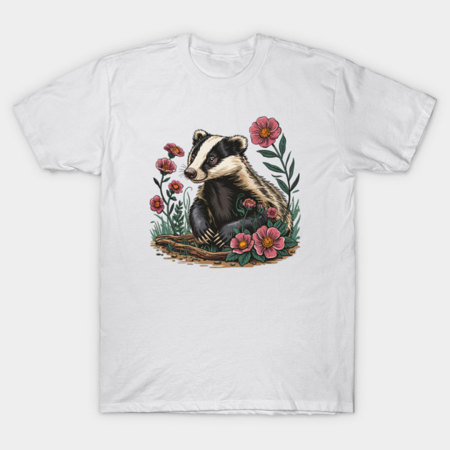 Floral Badger Vintage Woodland Wildlife Art 6 T-Shirt by BirdsnStuff