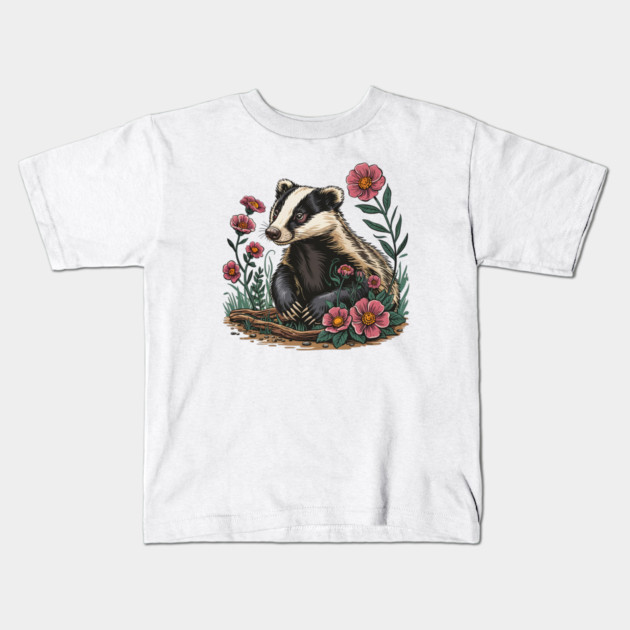Floral Badger Vintage Woodland Wildlife Art 6 Kids T-Shirt by BirdsnStuff