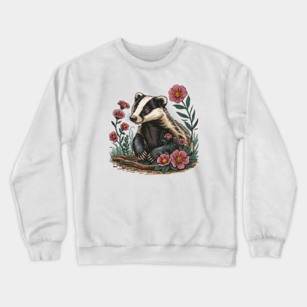 Floral Badger Vintage Woodland Wildlife Art 6 Crewneck Sweatshirt by BirdsnStuff