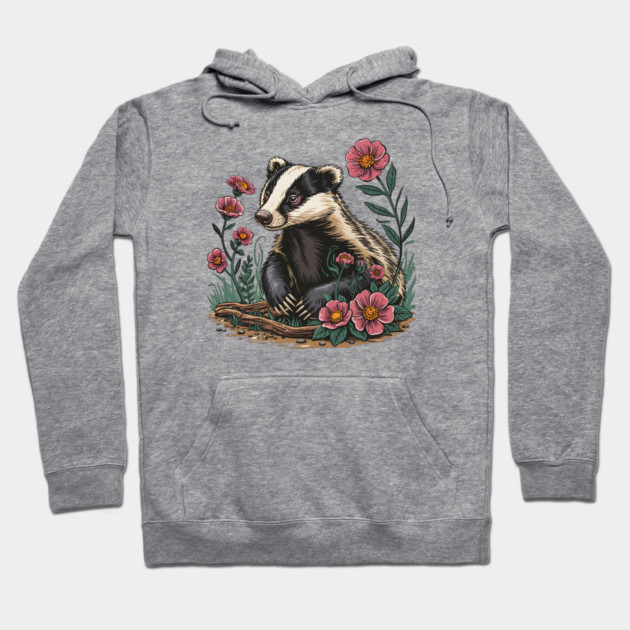 Floral Badger Vintage Woodland Wildlife Art 6 Hoodie by BirdsnStuff