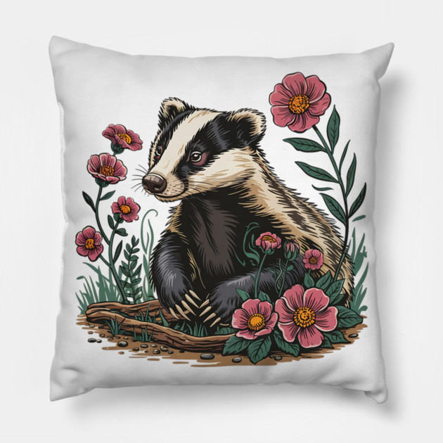 Floral Badger Vintage Woodland Wildlife Art 6 Pillow by BirdsnStuff