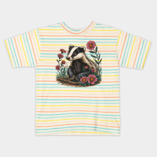 Floral Badger Vintage Woodland Wildlife Art 6 Kids T-Shirt