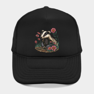 Floral Badger Vintage Woodland Wildlife Art 6 Hat