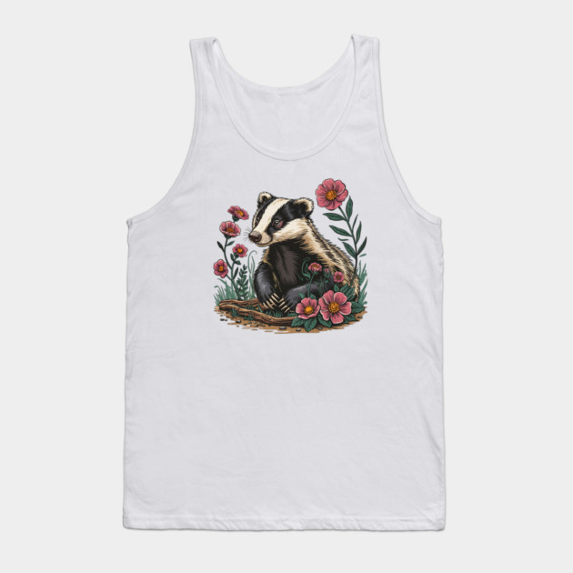 Floral Badger Vintage Woodland Wildlife Art 6 Tank Top by BirdsnStuff