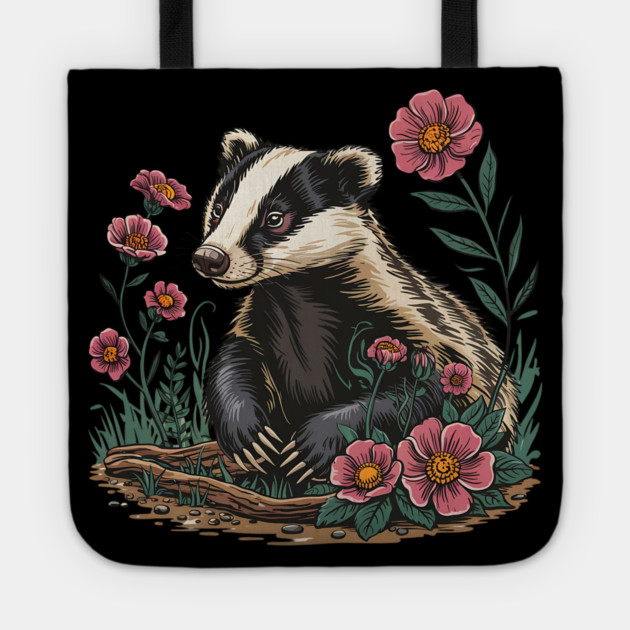 Floral Badger Vintage Woodland Wildlife Art 6 Tote by BirdsnStuff