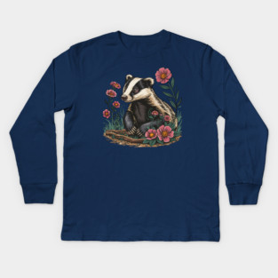 Floral Badger Vintage Woodland Wildlife Art 6 Kids Long Sleeve T-Shirt