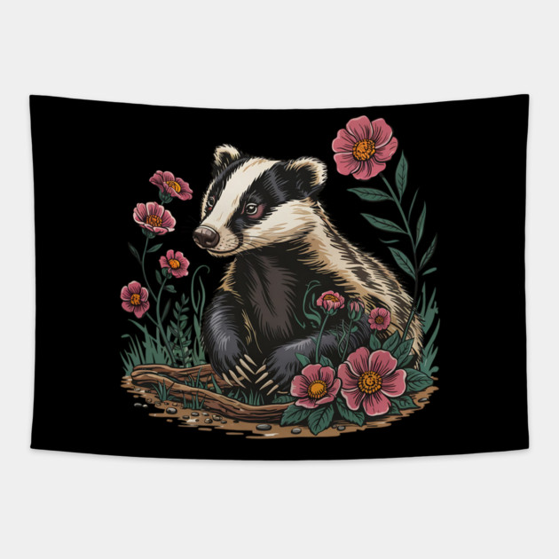 Floral Badger Vintage Woodland Wildlife Art 6 Tapestry by BirdsnStuff