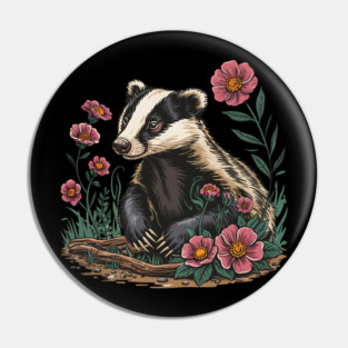 Floral Badger Vintage Woodland Wildlife Art 6 Pin