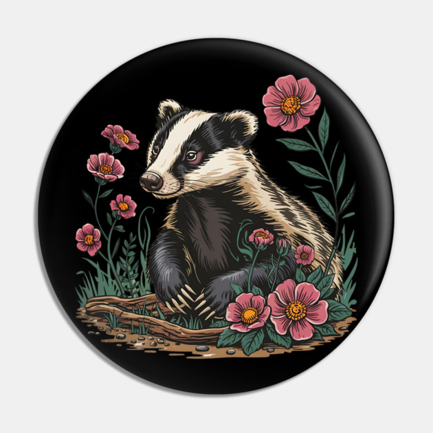 Floral Badger Vintage Woodland Wildlife Art 6 Pin by BirdsnStuff