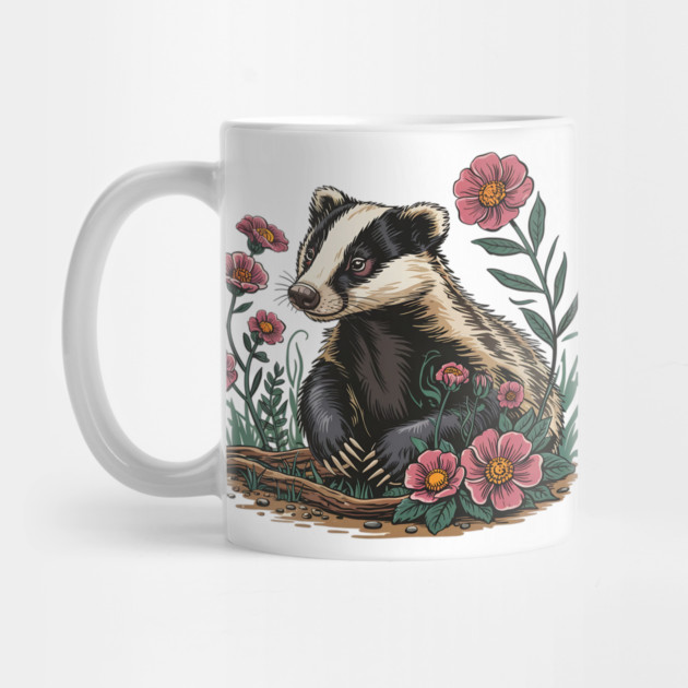 Floral Badger Vintage Woodland Wildlife Art 6 by BirdsnStuff