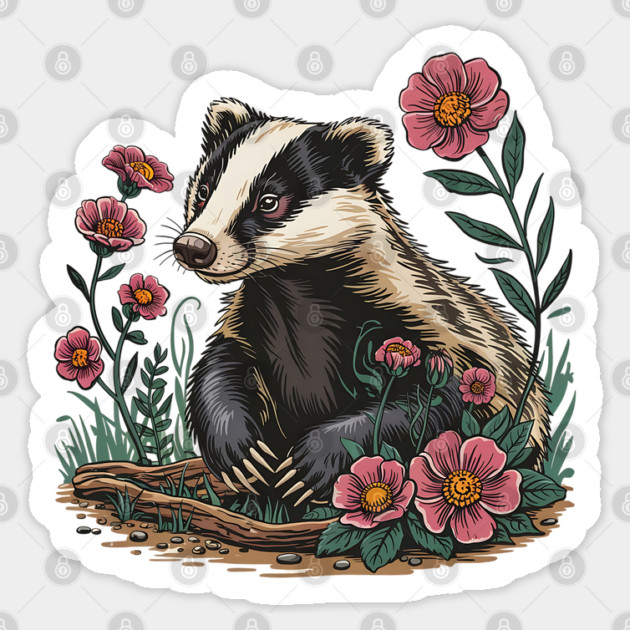Floral Badger Vintage Woodland Wildlife Art 6 Sticker by BirdsnStuff
