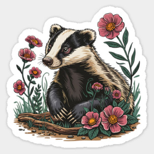 Floral Badger Vintage Woodland Wildlife Art 6 Magnet