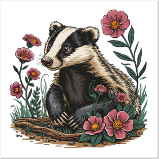 Floral Badger Vintage Woodland Wildlife Art 6 Posters and Art