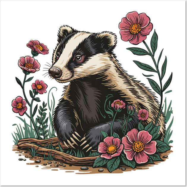 Floral Badger Vintage Woodland Wildlife Art 6 Wall Art by BirdsnStuff
