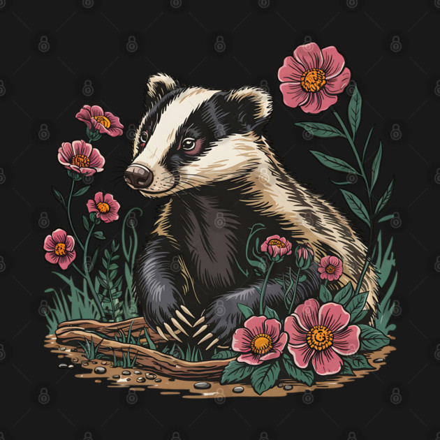 Floral Badger Vintage Woodland Wildlife Art 6 by BirdsnStuff