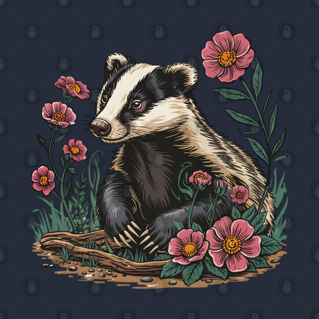 Floral Badger Vintage Woodland Wildlife Art 6 by BirdsnStuff
