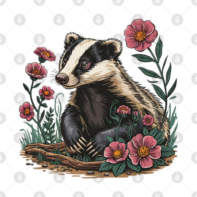 Floral Badger Vintage Woodland Wildlife Art 6 by BirdsnStuff