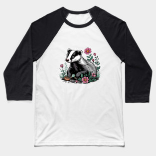 Floral Badger Vintage Woodland Wildlife Art Baseball T-Shirt