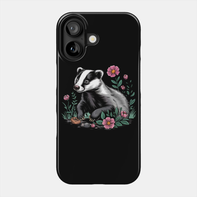 Floral Badger Vintage Woodland Wildlife Art Phone Case by BirdsnStuff
